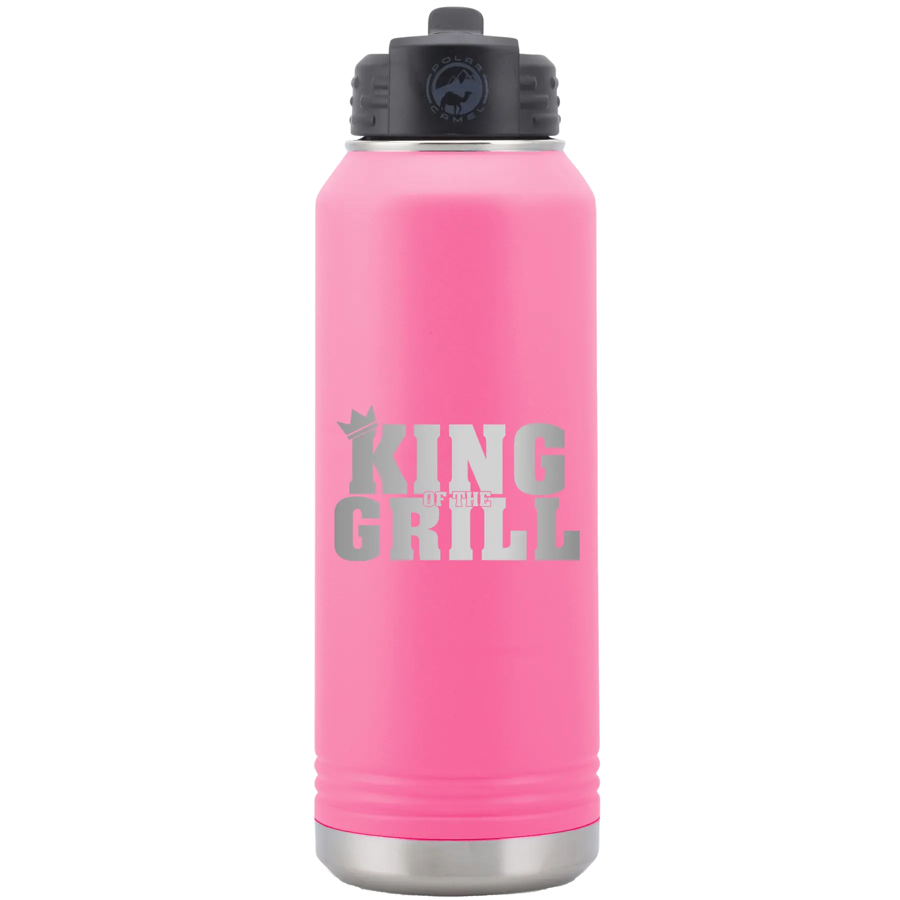 Laser etched pink 32 oz vacuum insulated water bottle with 'King of the Grill' design