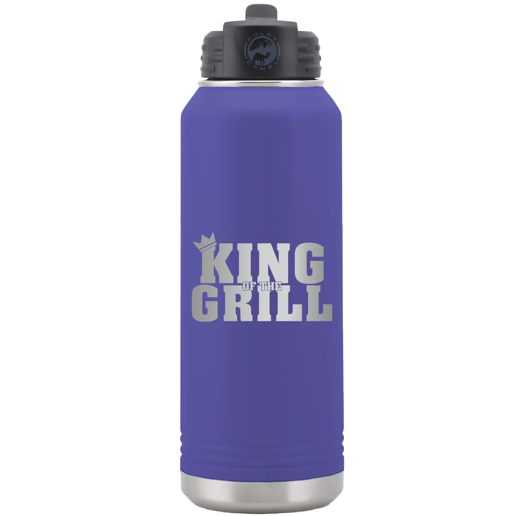 Laser etched purple 32 oz vacuum insulated water bottle with 'King of the Grill' design