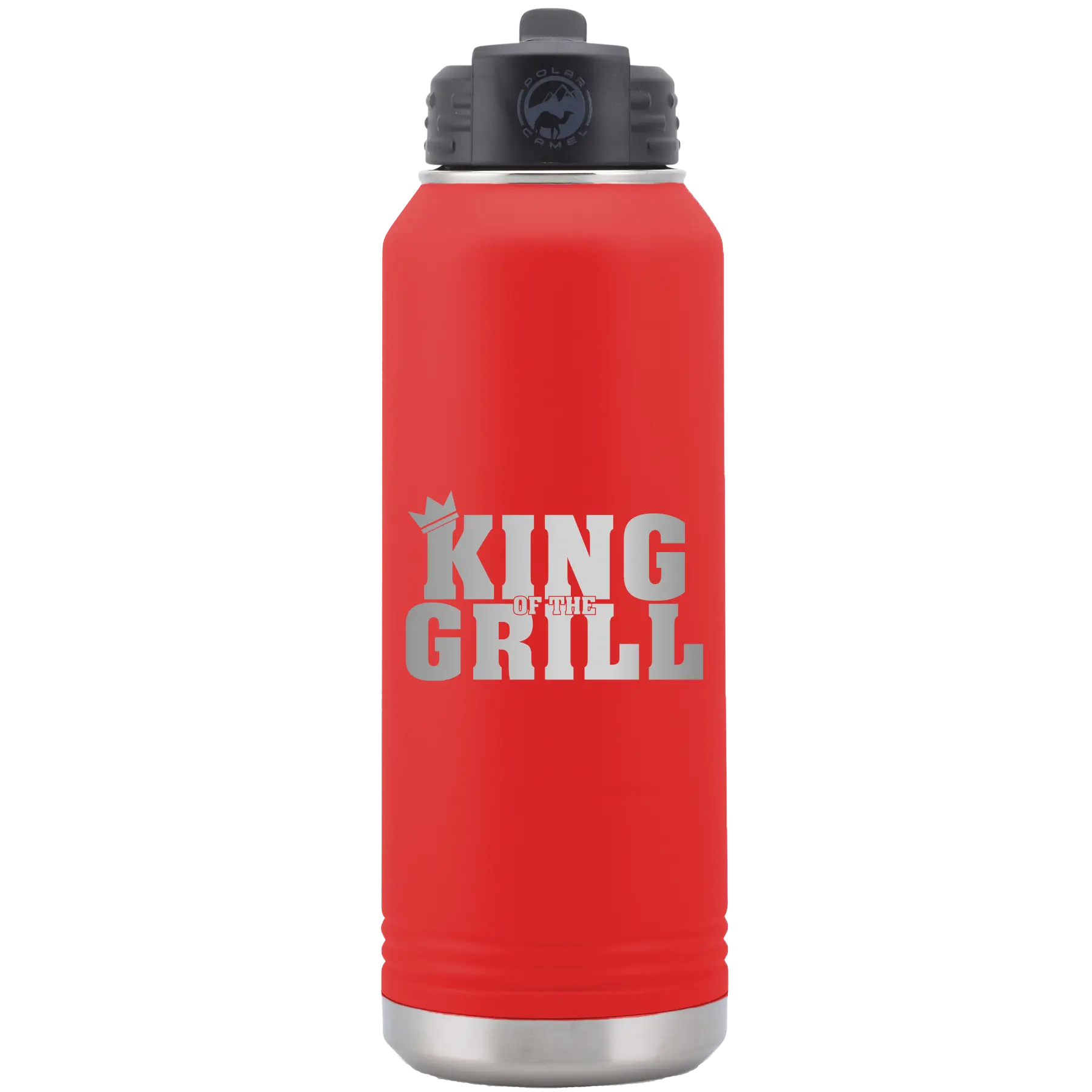 Laser etched red 32 oz vacuum insulated water bottle with 'King of the Grill' design