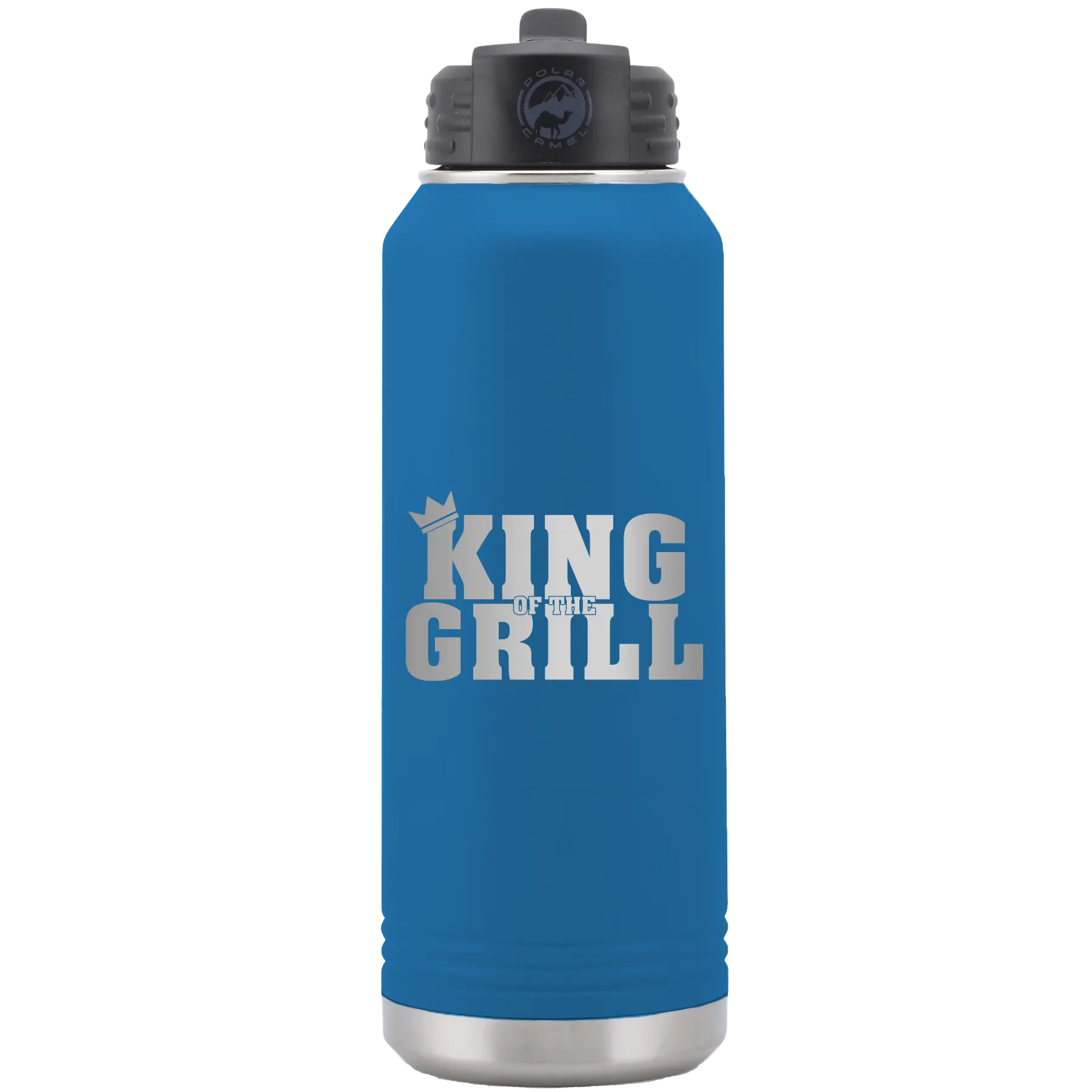 Laser etched royal blue 32 oz vacuum insulated water bottle with 'King of the Grill' design