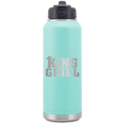 Laser etched teal 32 oz vacuum insulated water bottle with 'King of the Grill' design