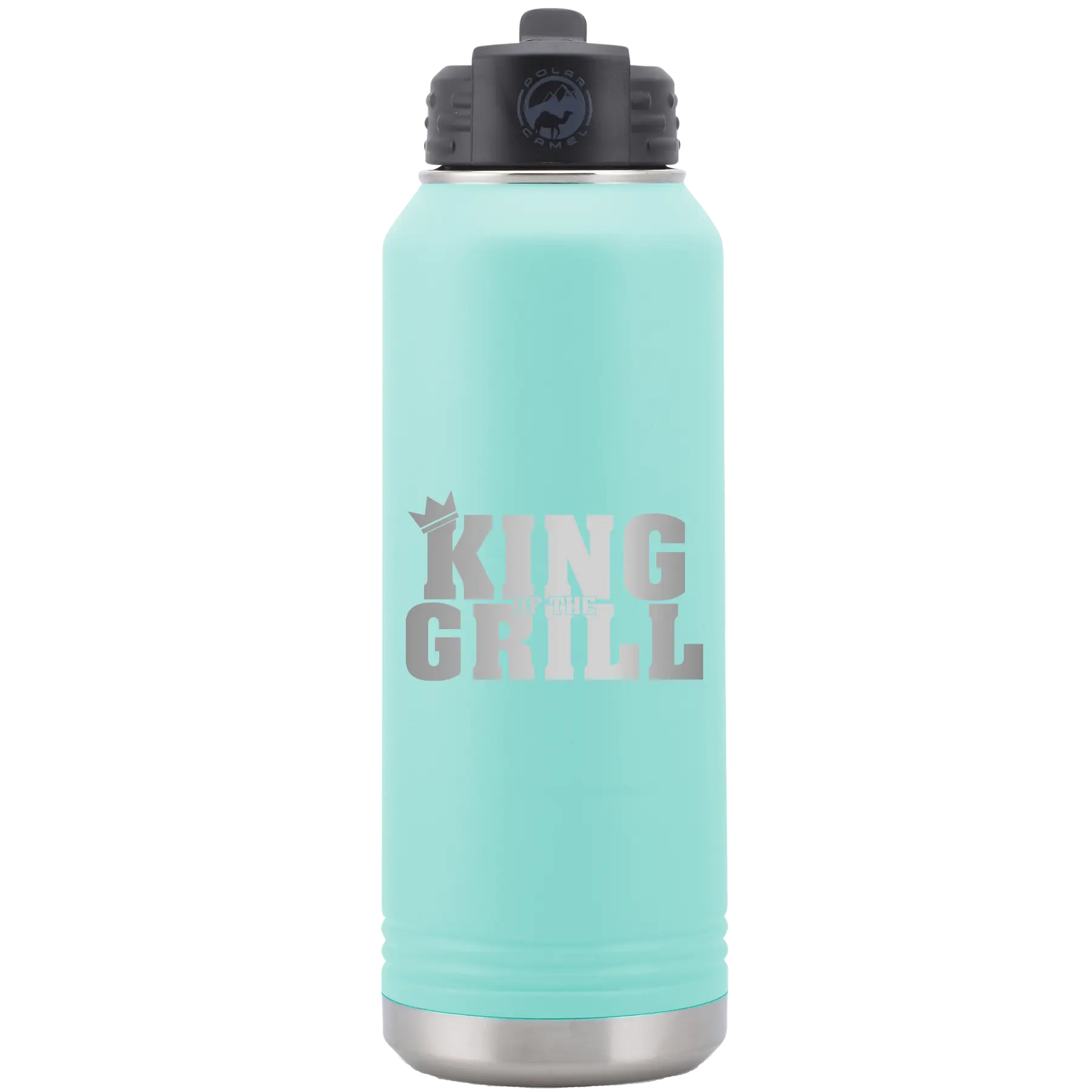 Laser etched teal 32 oz vacuum insulated water bottle with 'King of the Grill' design