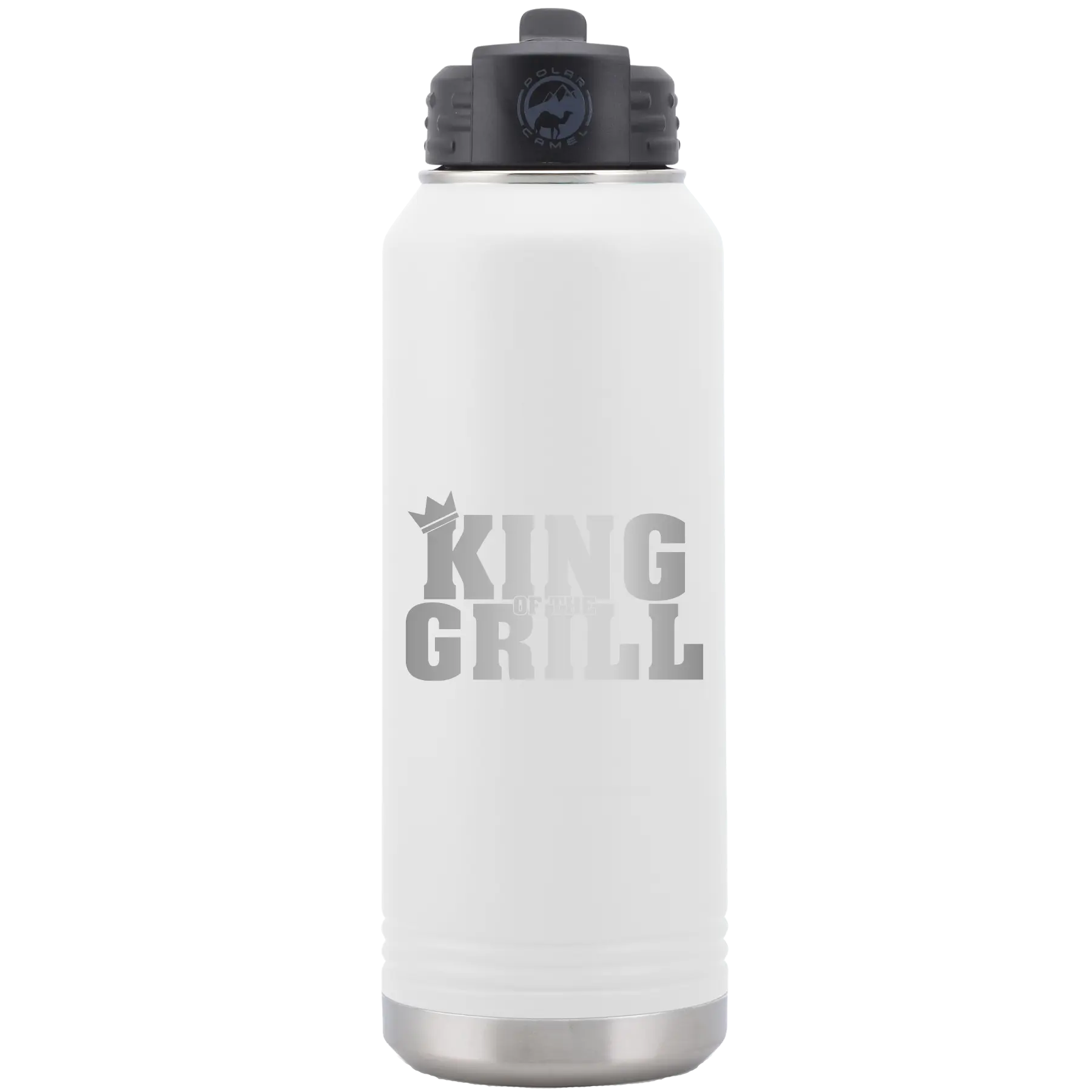 Laser etched white 32 oz vacuum insulated water bottle with 'King of the Grill' design