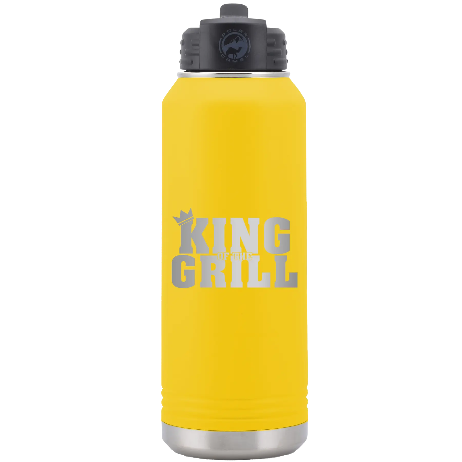 Laser etched yellow 32 oz vacuum insulated water bottle with 'King of the Grill' design