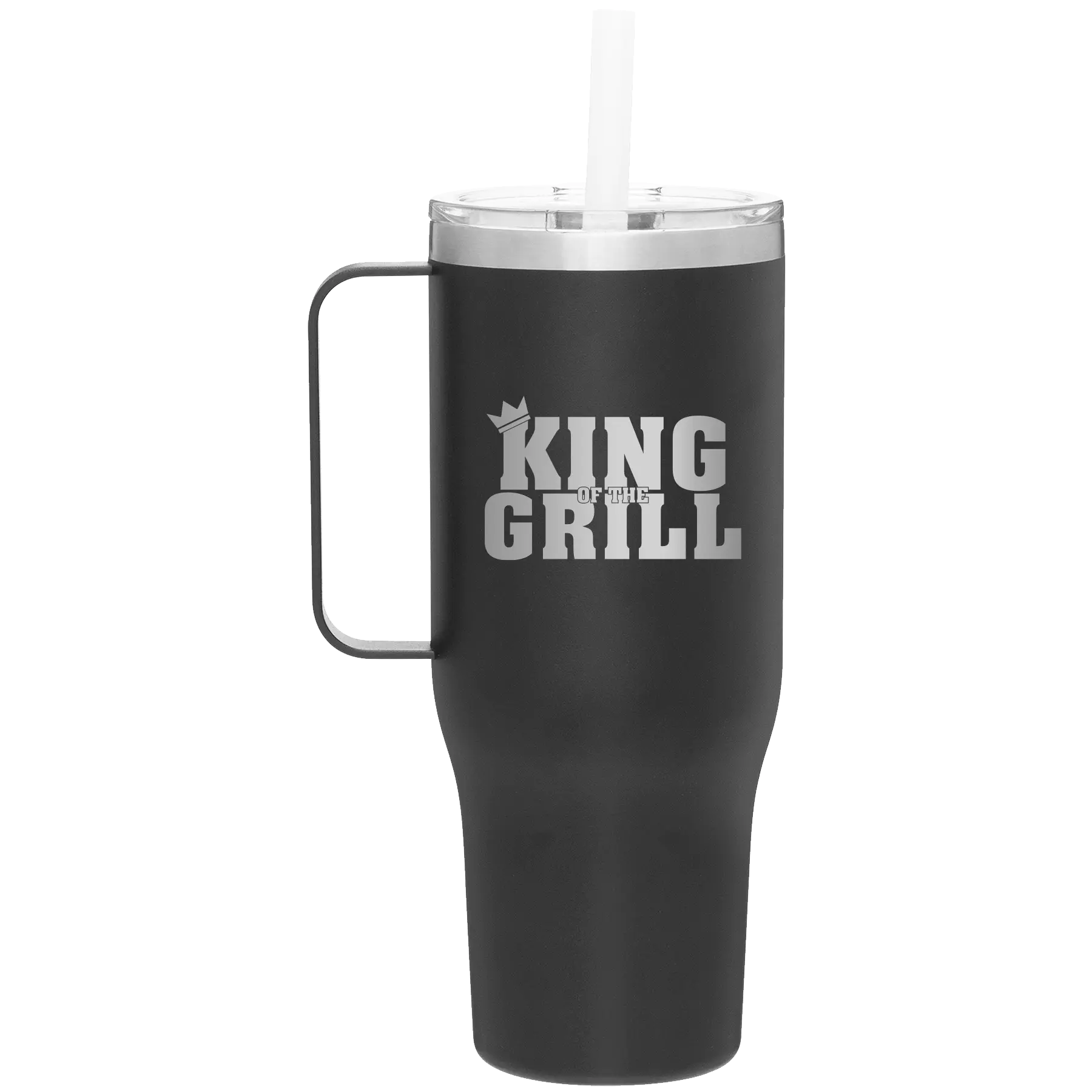 Personalized black 40 oz vacuum insulated tumbler mug with 'King of the Grill' design