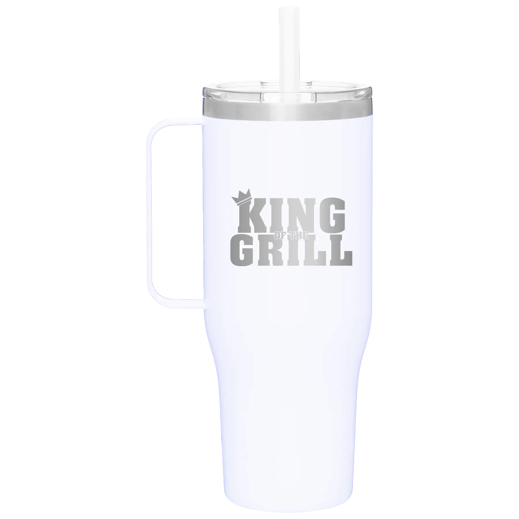 Personalized white 40 oz vacuum insulated tumbler mug with 'King of the Grill' design