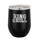 Personalized black 12 oz vacuum insulated wine cup with etched 'King of the Grill' design