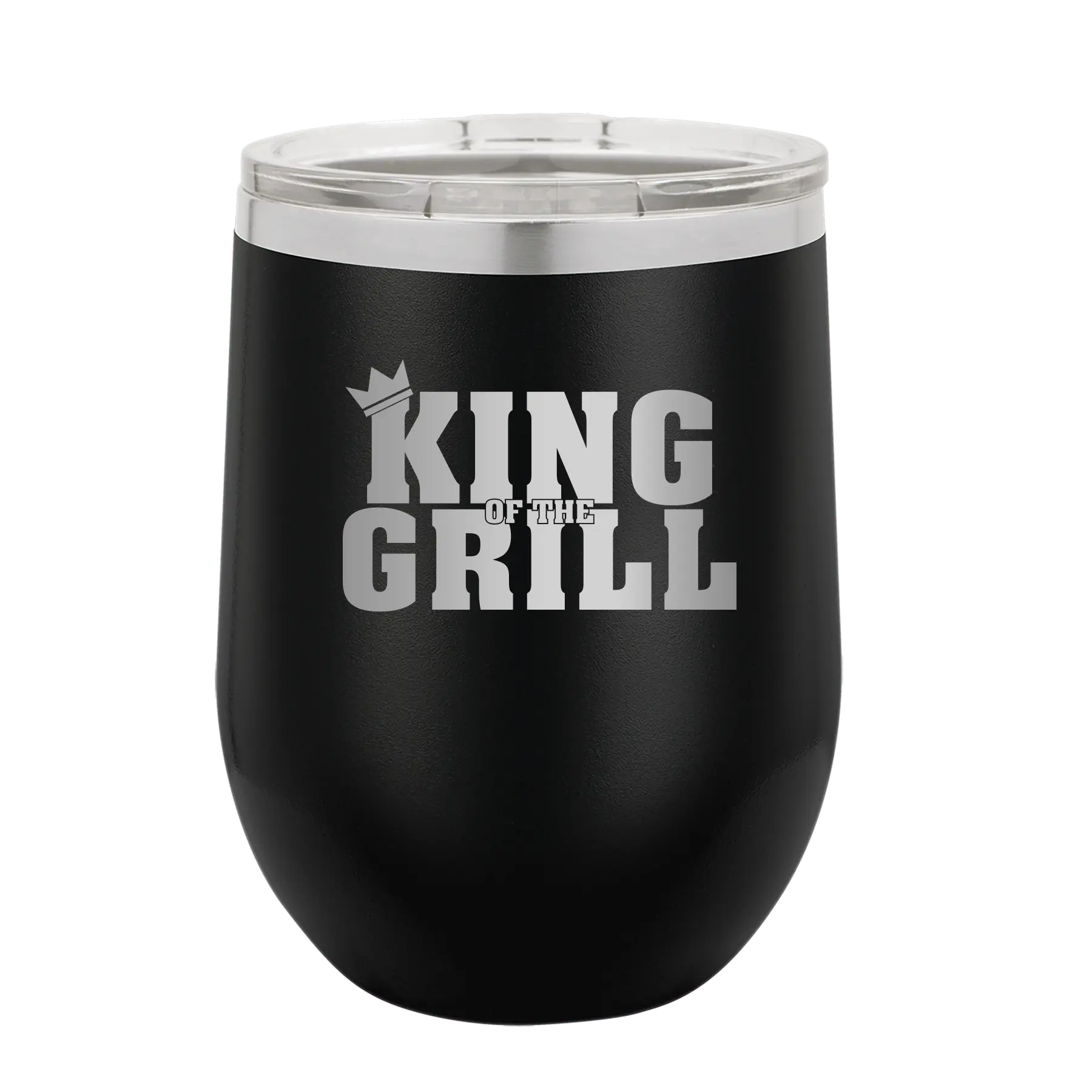 Personalized black 12 oz vacuum insulated wine cup with etched 'King of the Grill' design
