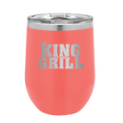 Personalized coral 12 oz vacuum insulated wine cup with etched 'King of the Grill' design