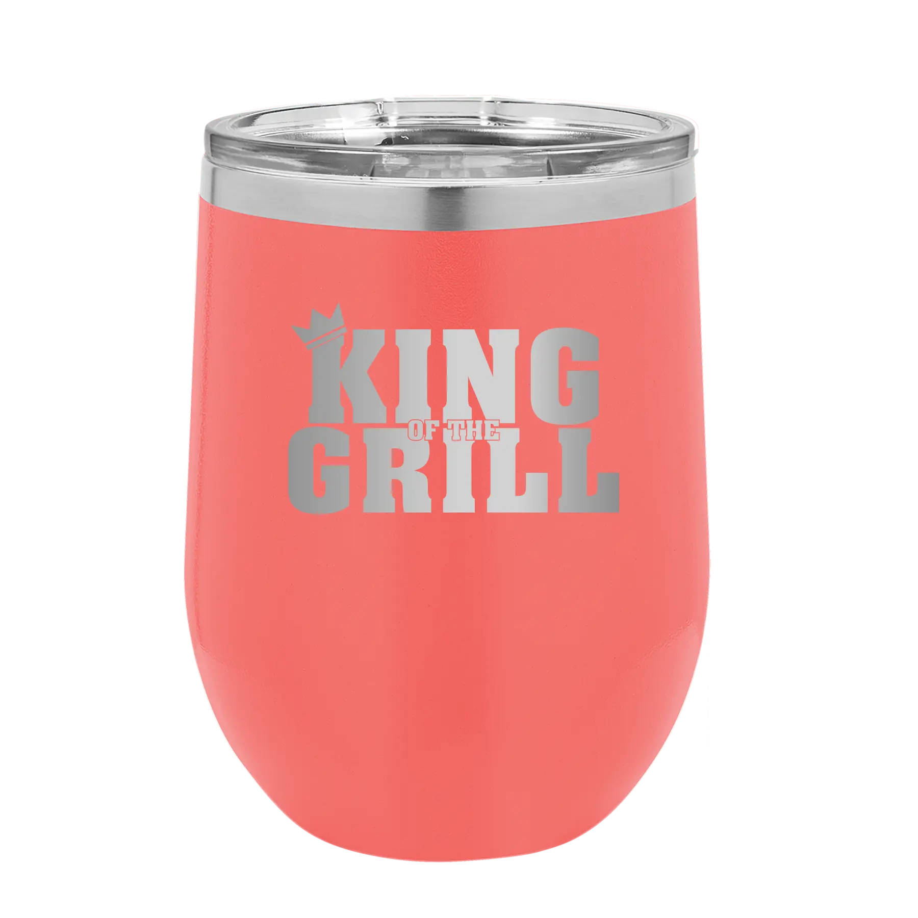 Personalized coral 12 oz vacuum insulated wine cup with etched 'King of the Grill' design