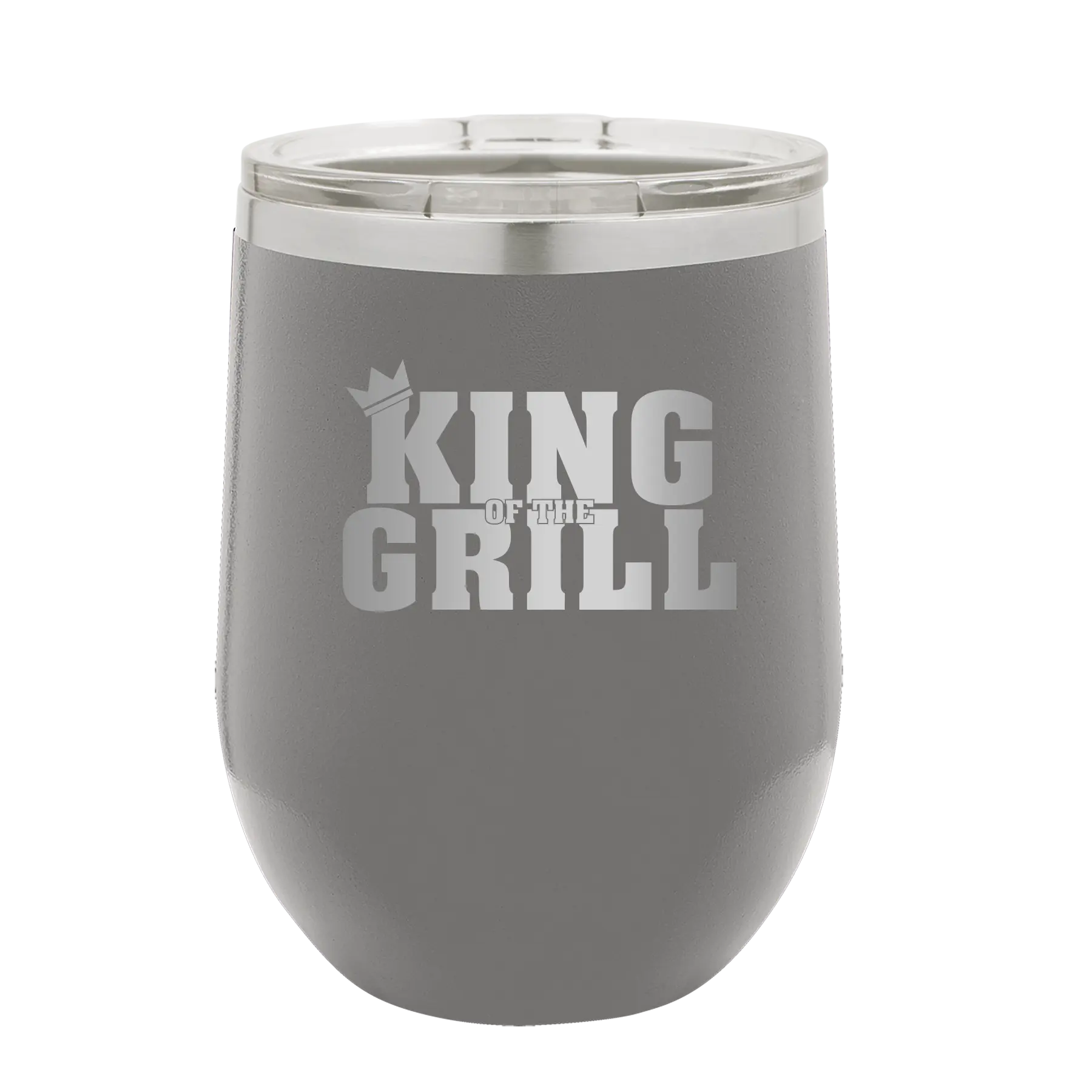 Personalized dark gray 12 oz vacuum insulated wine cup with etched 'King of the Grill' design