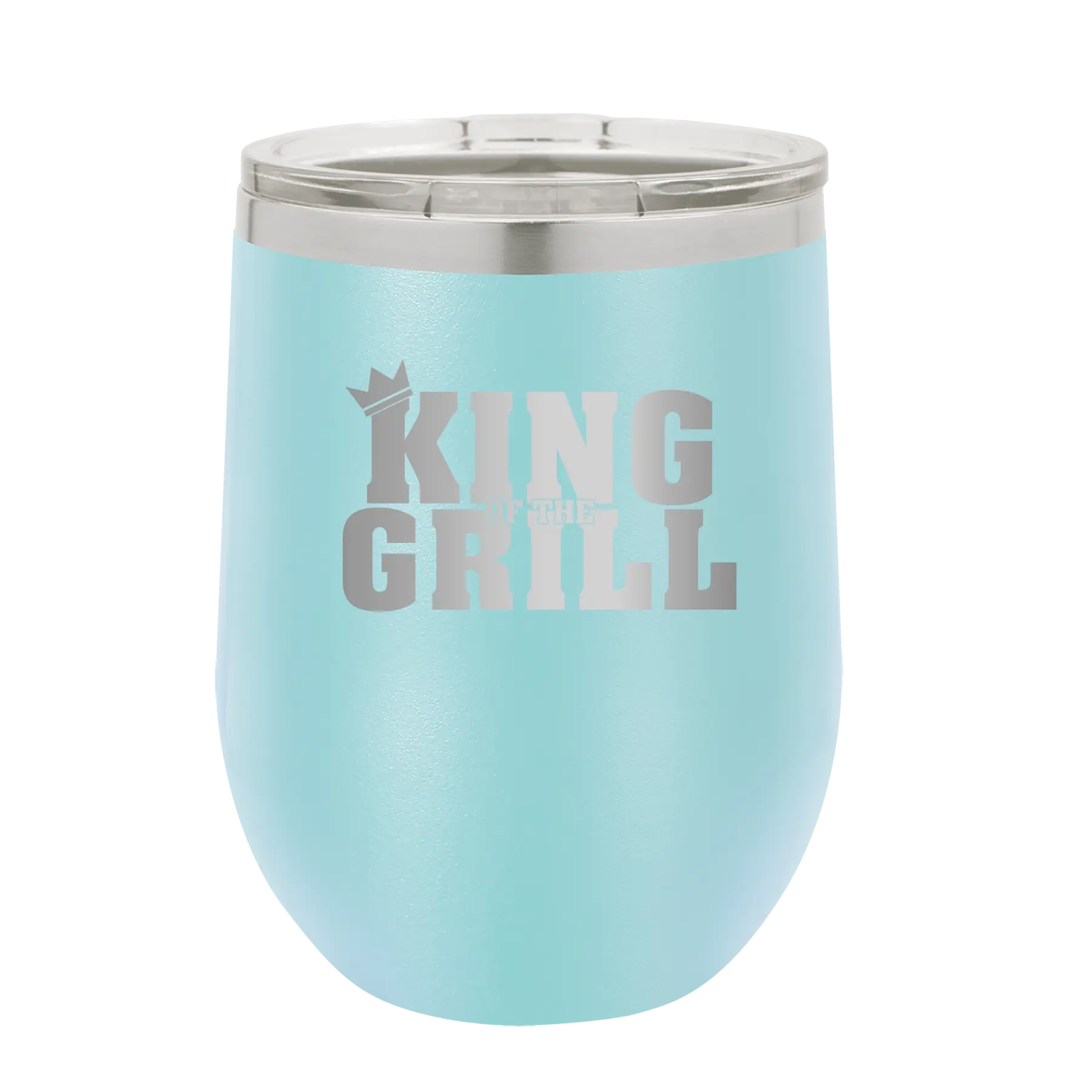 Personalized light blue 12 oz vacuum insulated wine cup with etched 'King of the Grill' design