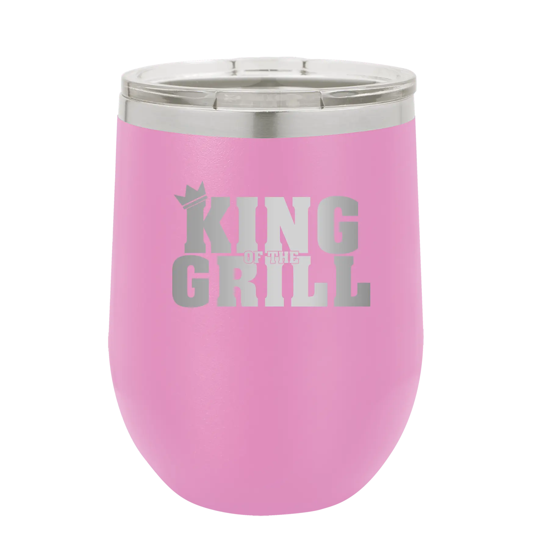 Personalized light purple 12 oz vacuum insulated wine cup with etched 'King of the Grill' design