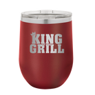 Personalized maroon 12 oz vacuum insulated wine cup with etched 'King of the Grill' design