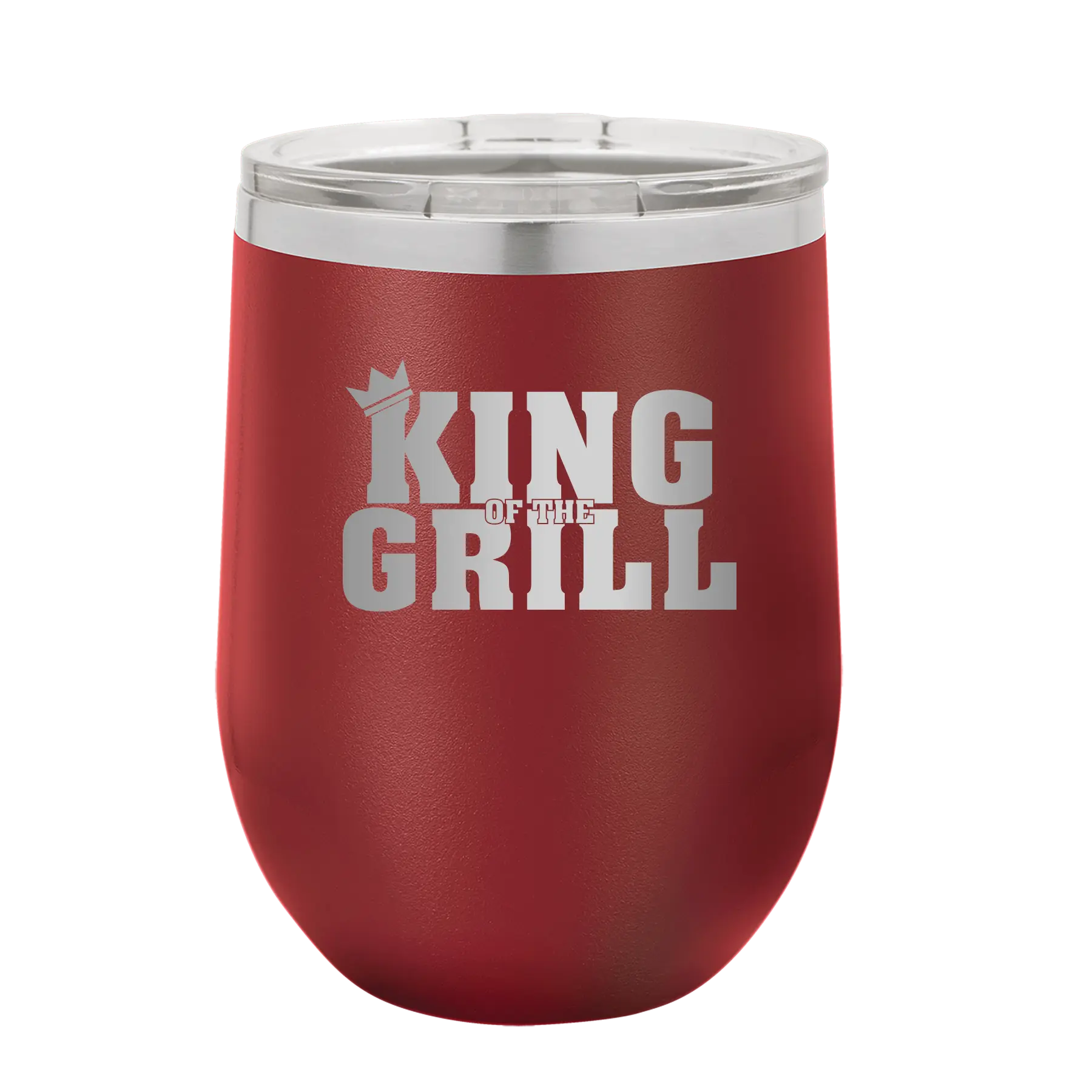 Personalized maroon 12 oz vacuum insulated wine cup with etched 'King of the Grill' design