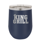 Personalized navy 12 oz vacuum insulated wine cup with etched 'King of the Grill' design