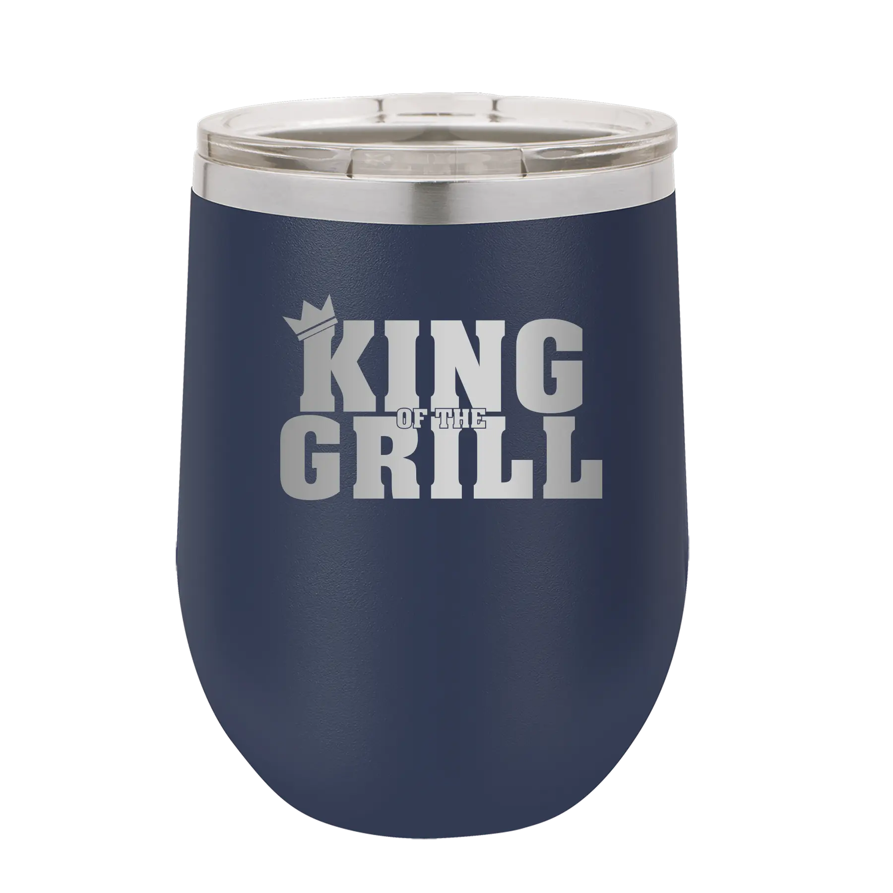 Personalized navy 12 oz vacuum insulated wine cup with etched 'King of the Grill' design