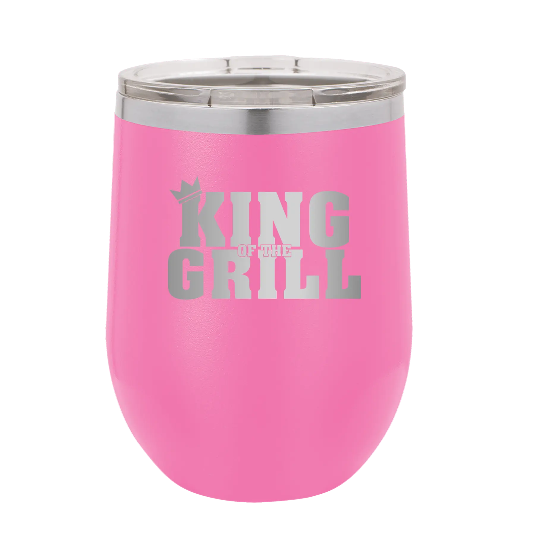 Personalized pink 12 oz vacuum insulated wine cup with etched 'King of the Grill' design