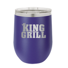 Personalized purple 12 oz vacuum insulated wine cup with etched 'King of the Grill' design