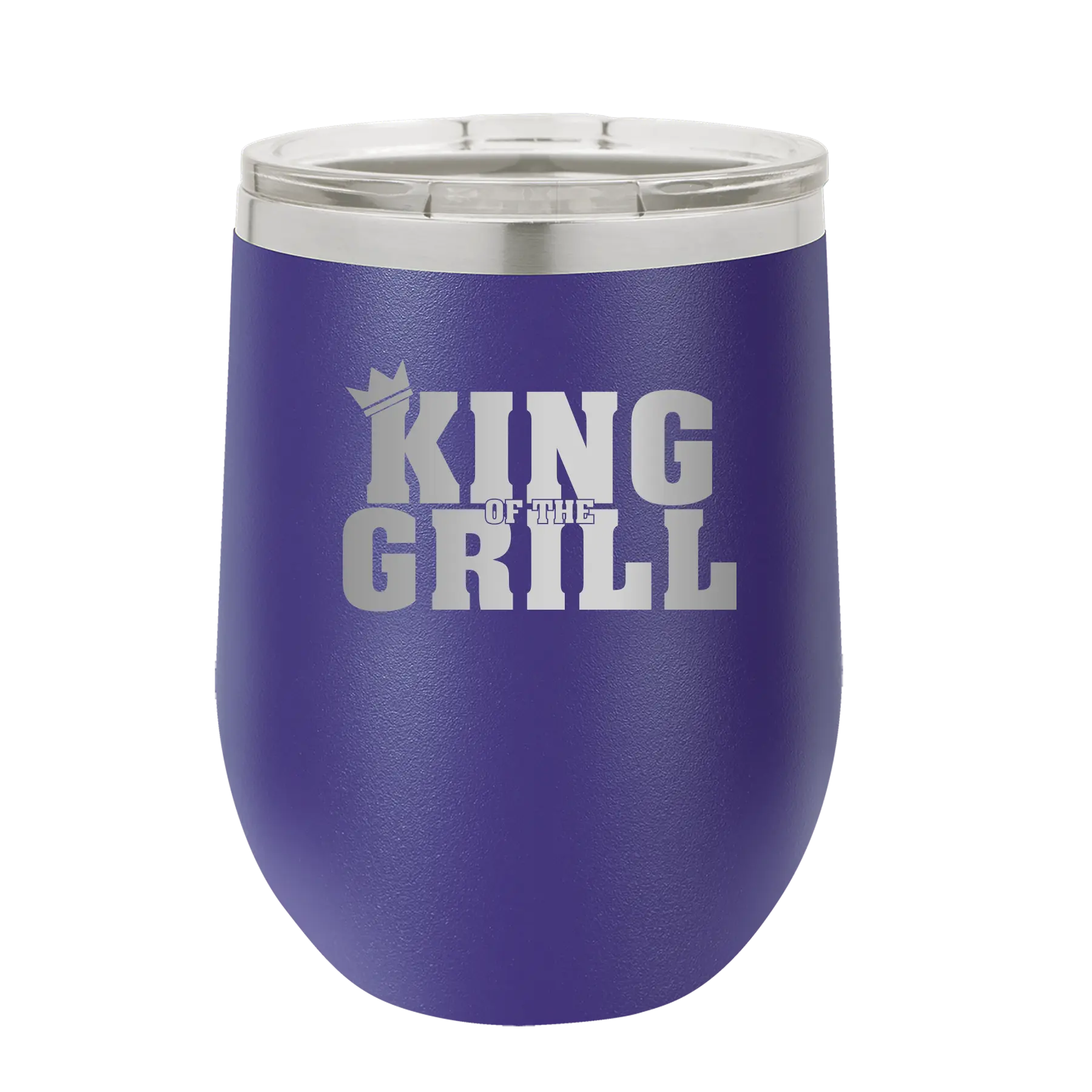 Personalized purple 12 oz vacuum insulated wine cup with etched 'King of the Grill' design