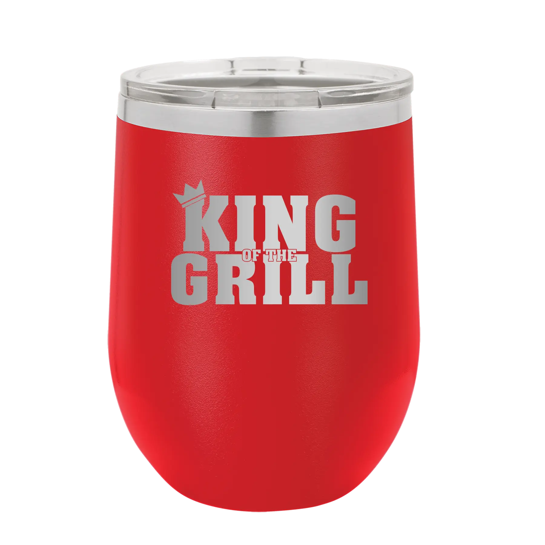 Personalized red 12 oz vacuum insulated wine cup with etched 'King of the Grill' design