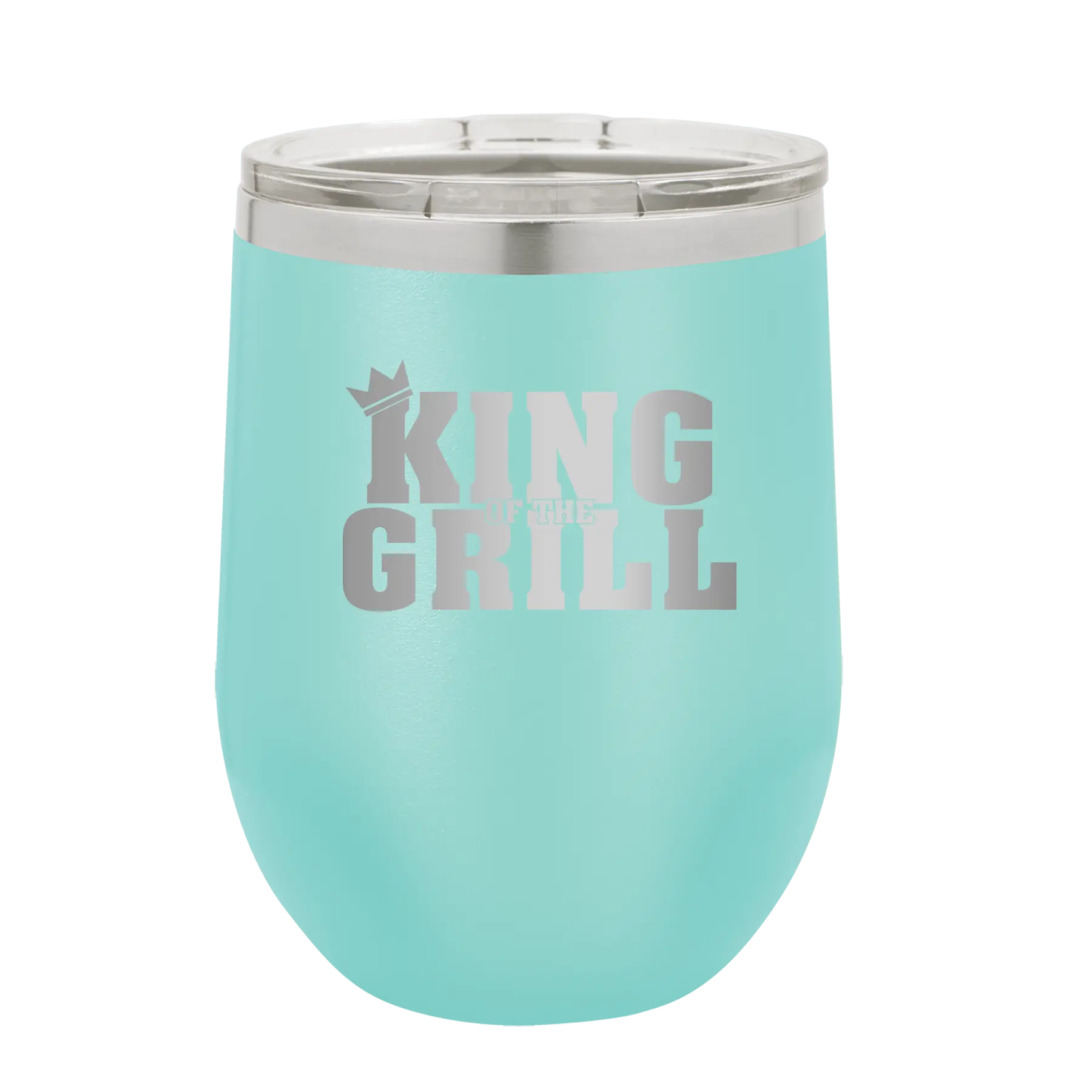 Personalized teal 12 oz vacuum insulated wine cup with etched 'King of the Grill' design