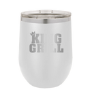 Personalized white 12 oz vacuum insulated wine cup with etched 'King of the Grill' design