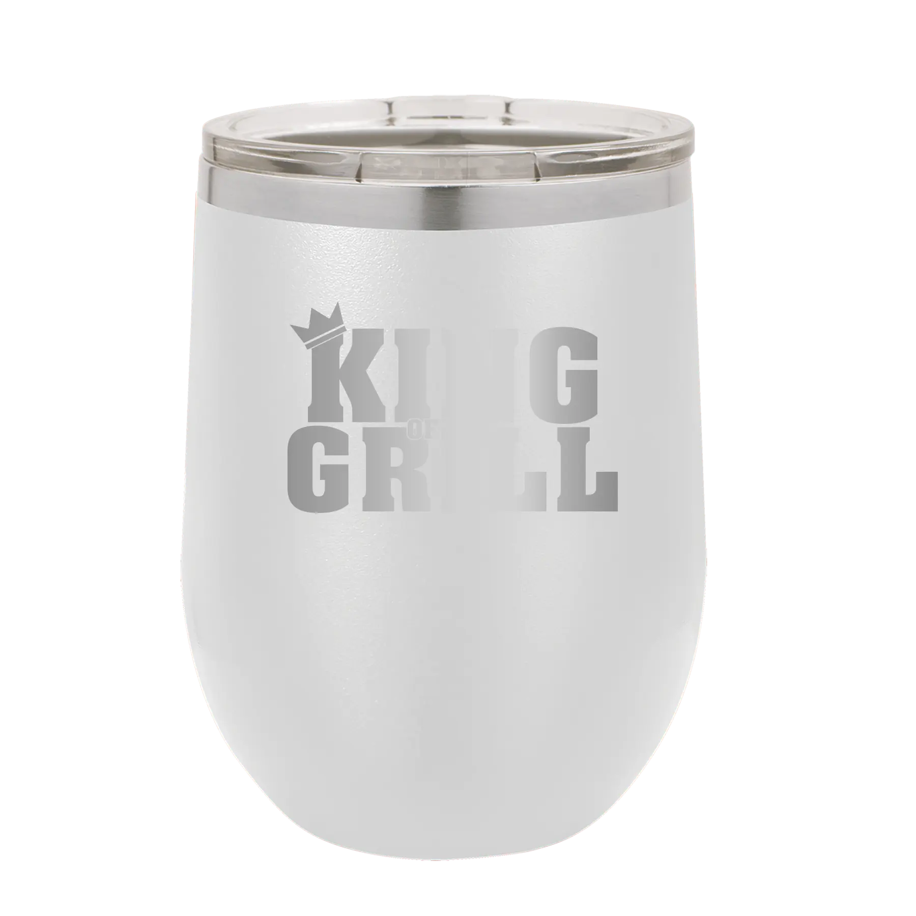 Personalized white 12 oz vacuum insulated wine cup with etched 'King of the Grill' design