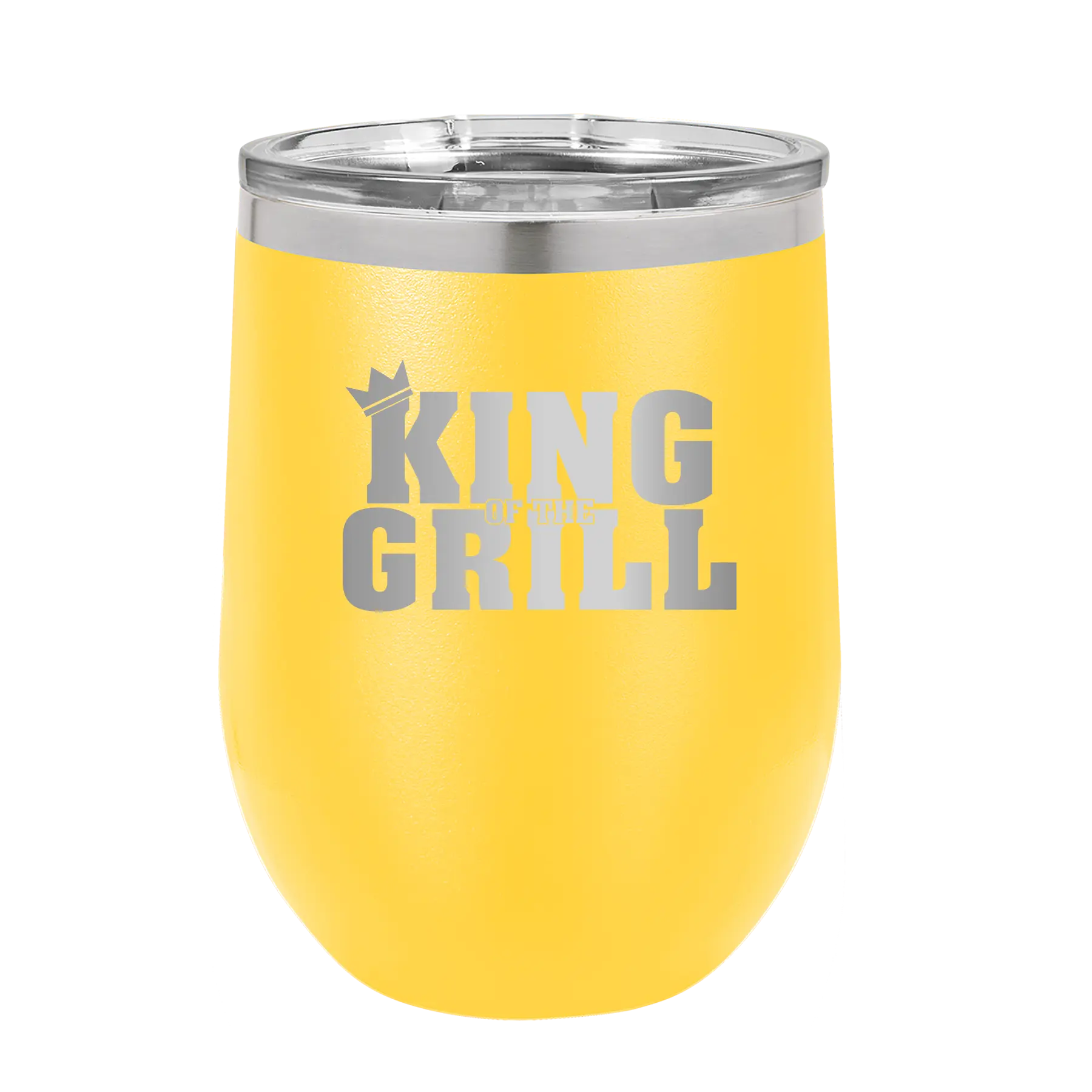 Personalized yellow 12 oz vacuum insulated wine cup with etched 'King of the Grill' design