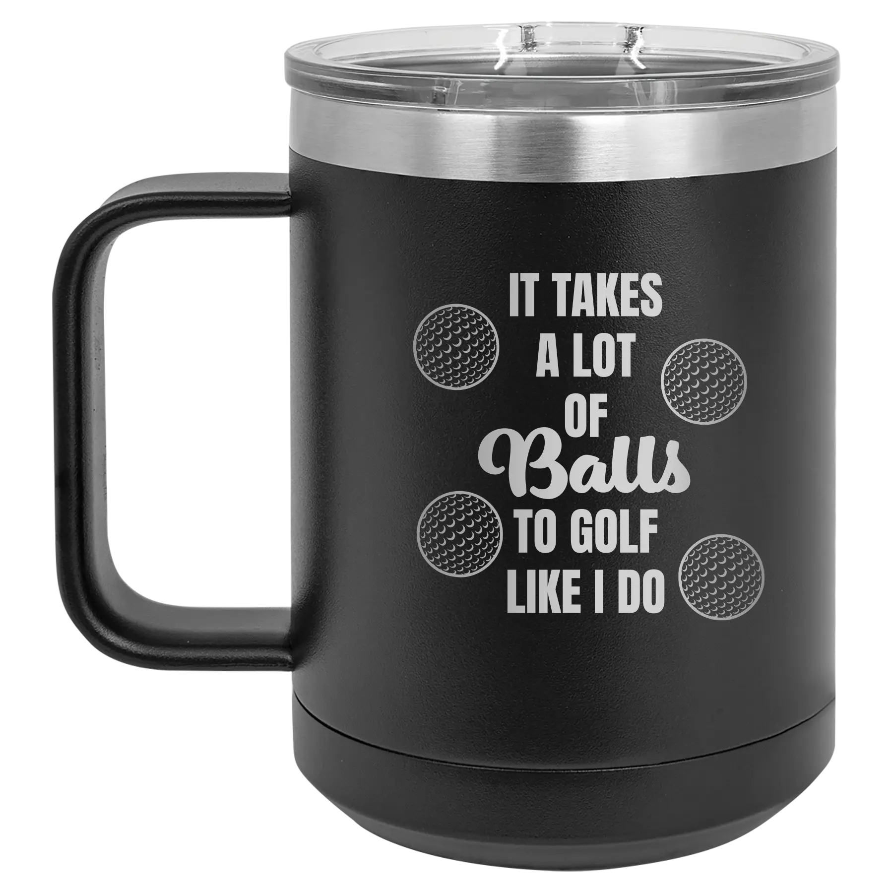 Personalized black 15 oz vacuum insulated coffee mug with etched 'Lots of Balls' design