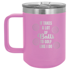 Personalized light purple 15 oz vacuum insulated coffee mug with etched 'Lots of Balls' design