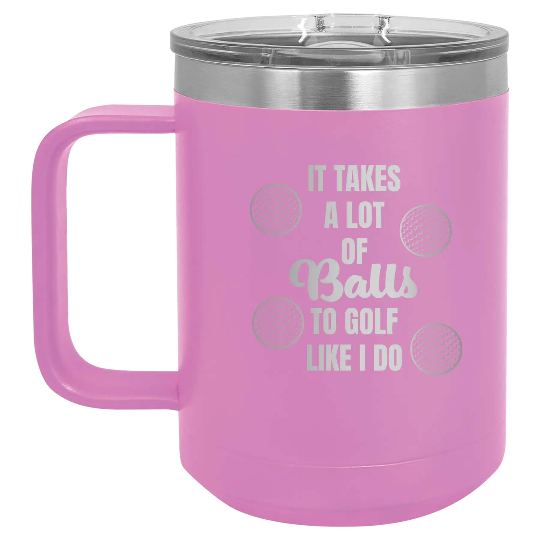 Personalized light purple 15 oz vacuum insulated coffee mug with etched 'Lots of Balls' design