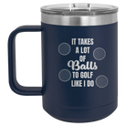 Personalized navy 15 oz vacuum insulated coffee mug with etched 'Lots of Balls' design
