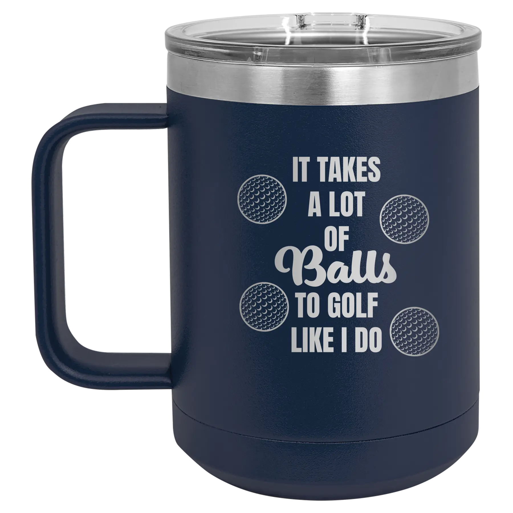 Personalized navy 15 oz vacuum insulated coffee mug with etched 'Lots of Balls' design