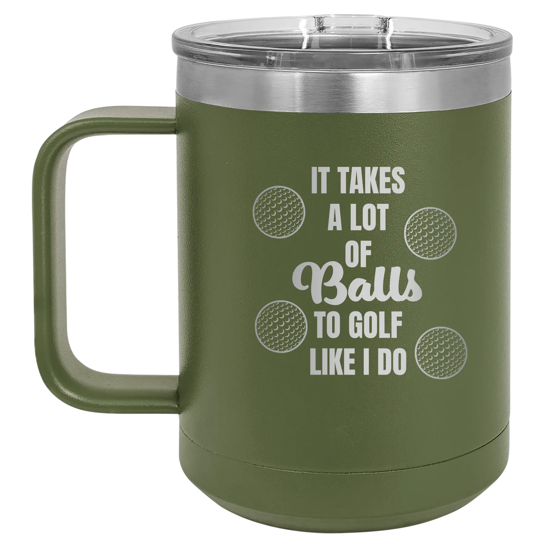 Personalized olive green 15 oz vacuum insulated coffee mug with etched 'Lots of Balls' design