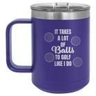 Personalized purple 15 oz vacuum insulated coffee mug with etched 'Lots of Balls' design