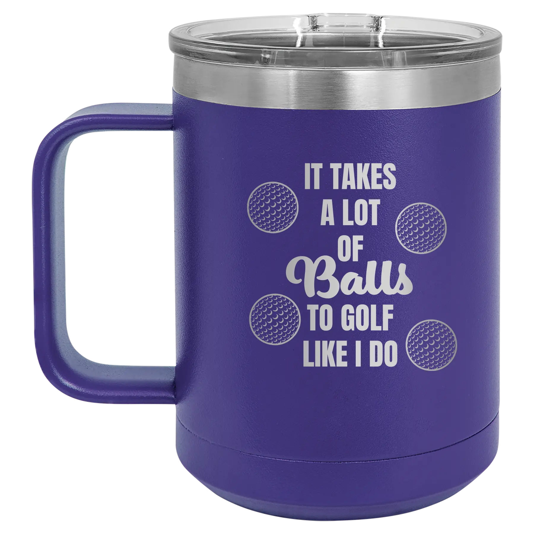 Personalized purple 15 oz vacuum insulated coffee mug with etched 'Lots of Balls' design