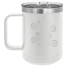 Personalized white 15 oz vacuum insulated coffee mug with etched 'Lots of Balls' design