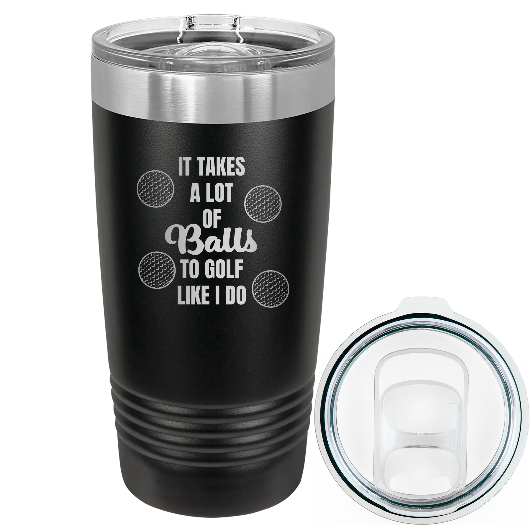 Laser etched black 20 oz vacuum insulated tumbler with 'Lots of Balls' design