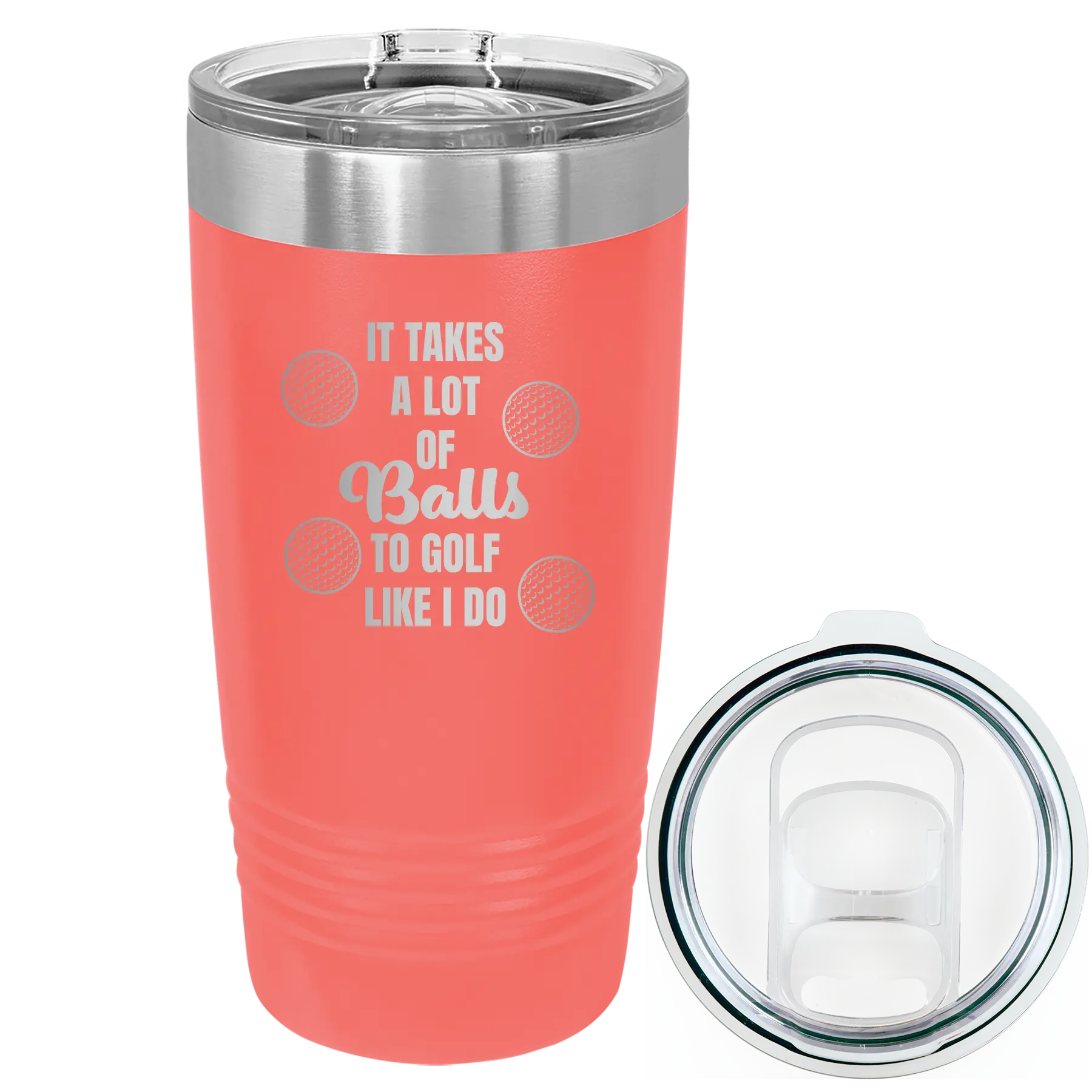 Laser etched coral 20 oz vacuum insulated tumbler with 'Lots of Balls' design