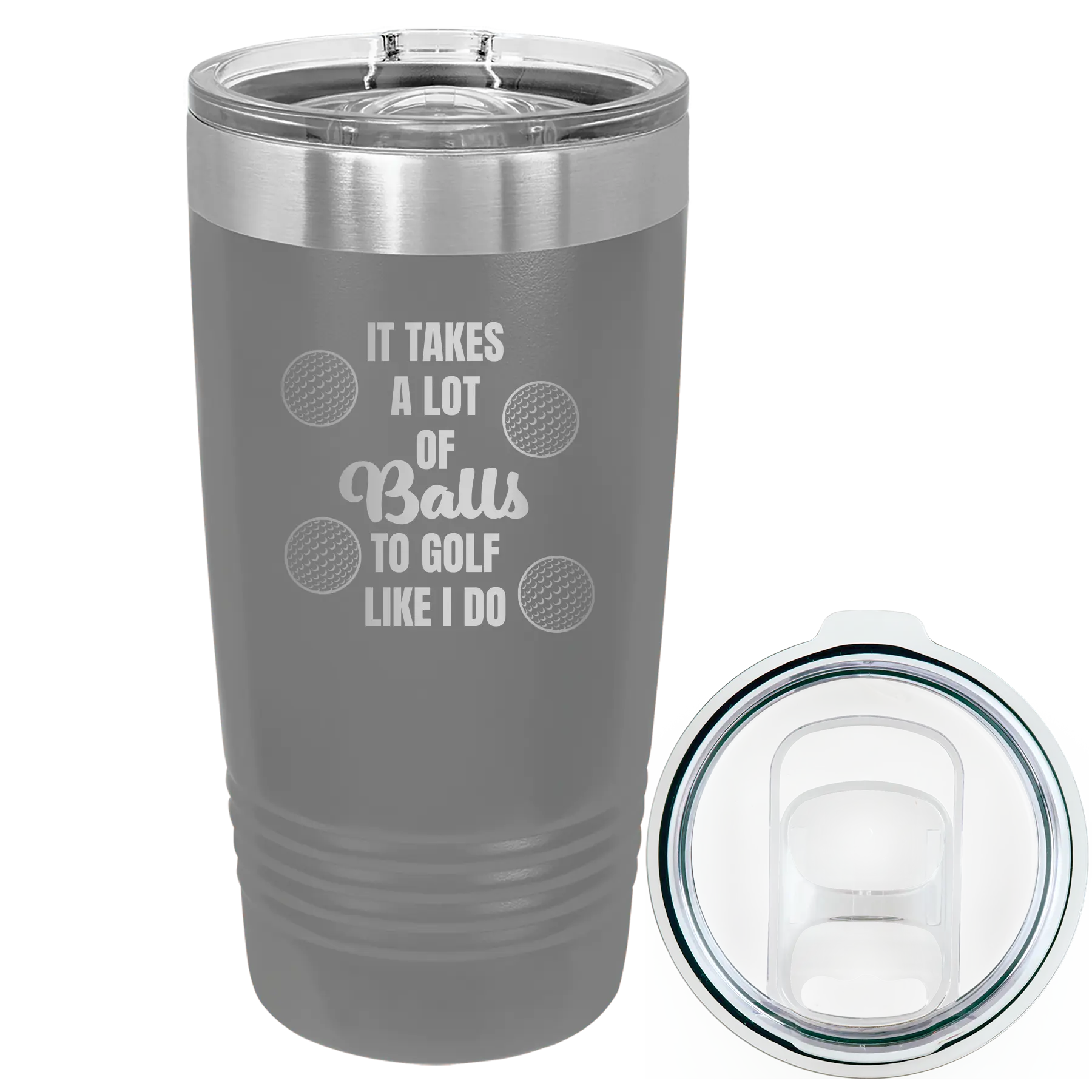Laser etched dark gray 20 oz vacuum insulated tumbler with 'Lots of Balls' design