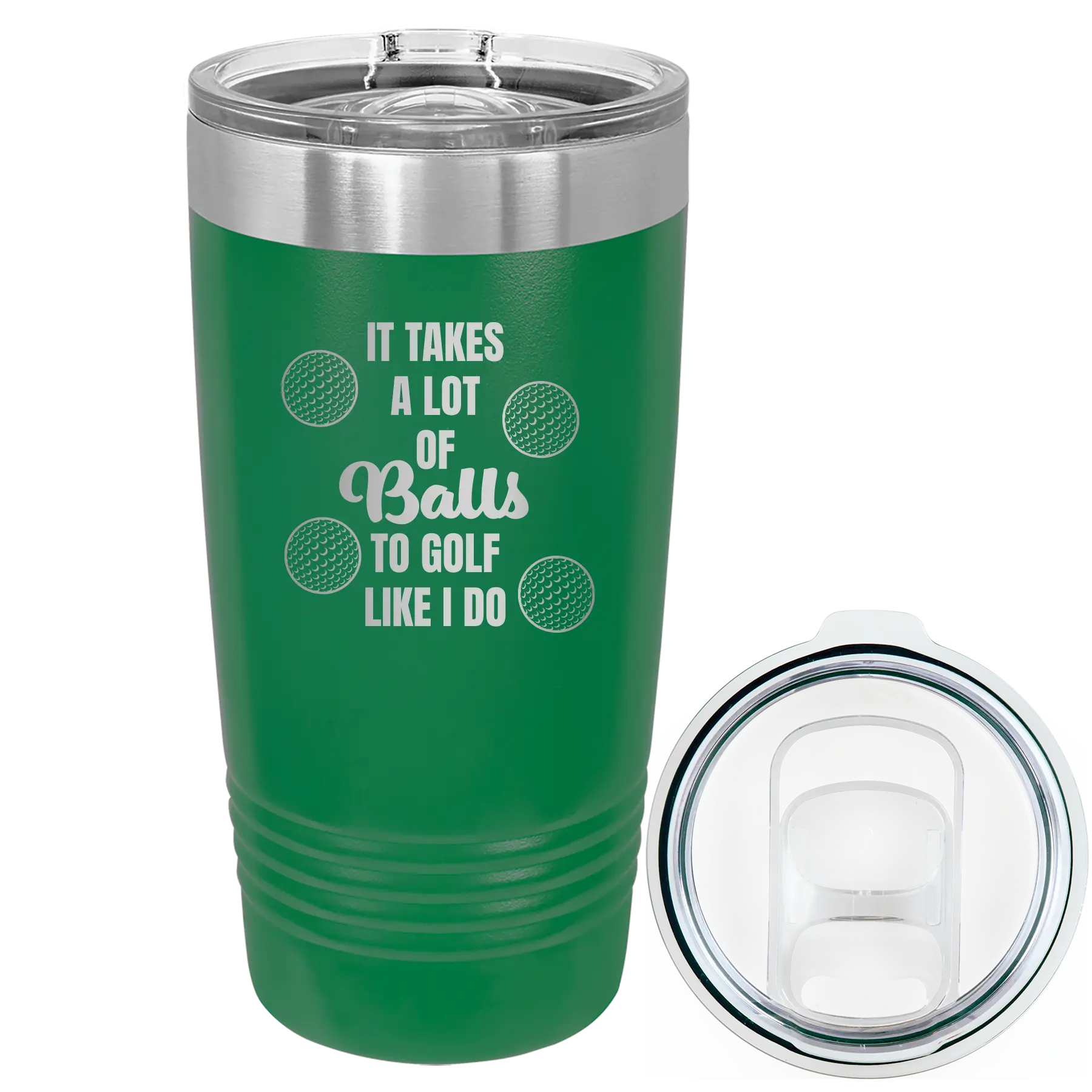 Laser etched green 20 oz vacuum insulated tumbler with 'Lots of Balls' design
