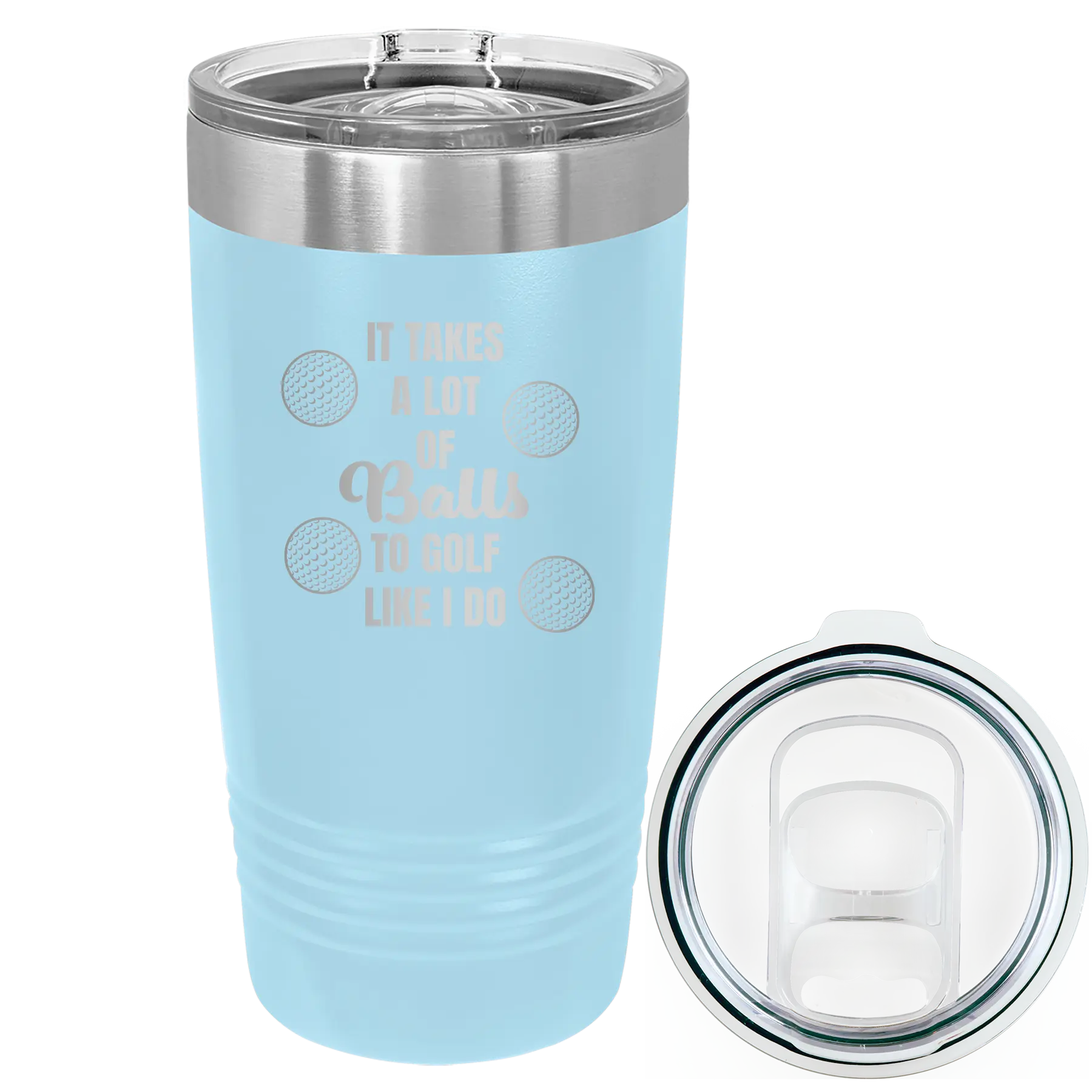 Laser etched light blue 20 oz vacuum insulated tumbler with 'Lots of Balls' design