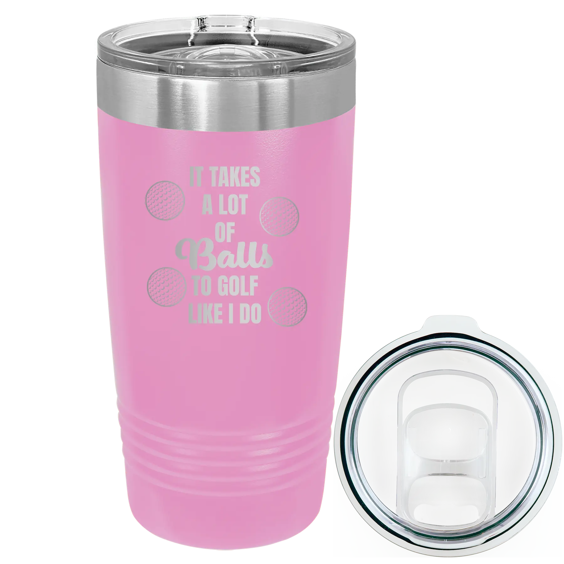 Laser etched light purple 20 oz vacuum insulated tumbler with 'Lots of Balls' design