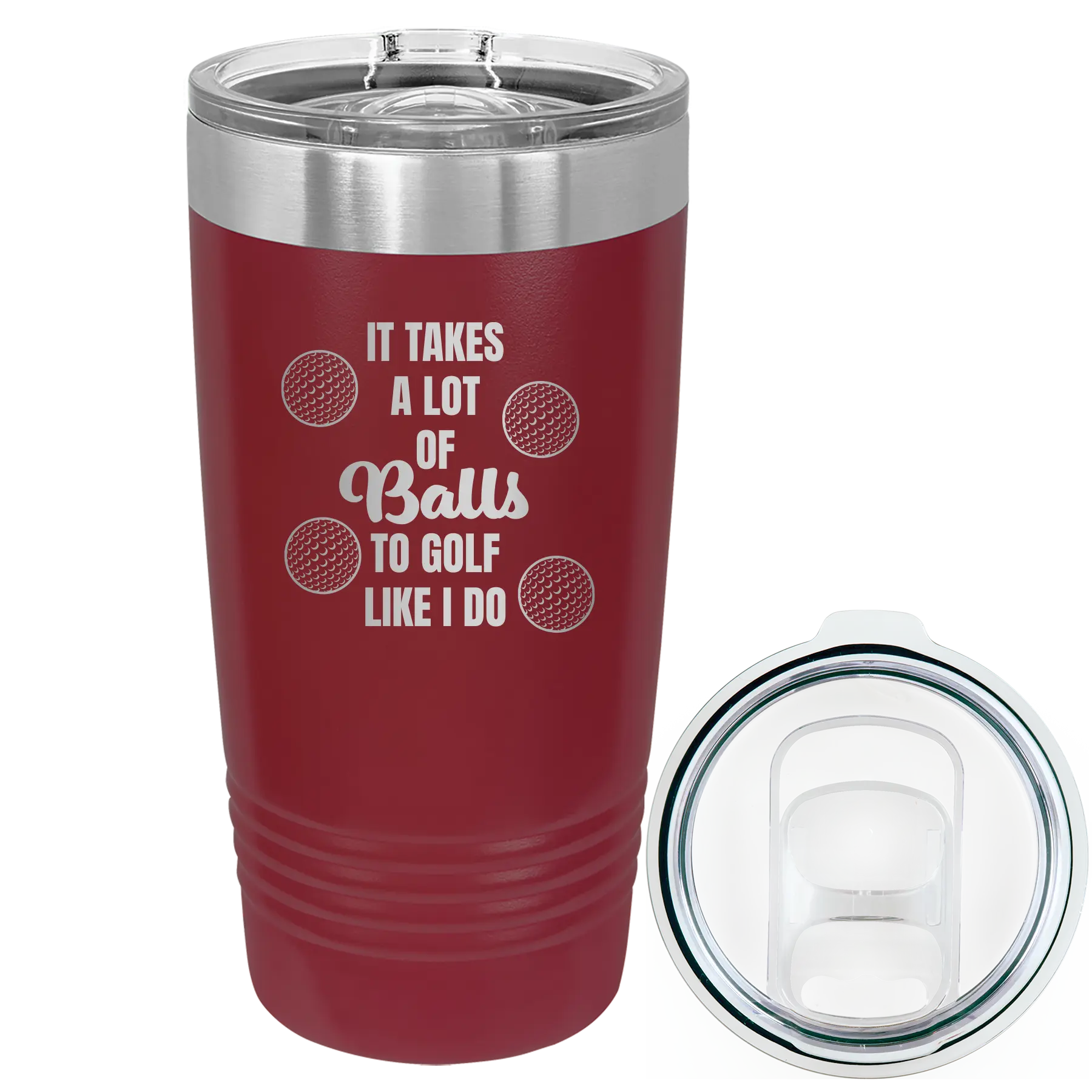Laser etched maroon 20 oz vacuum insulated tumbler with 'Lots of Balls' design