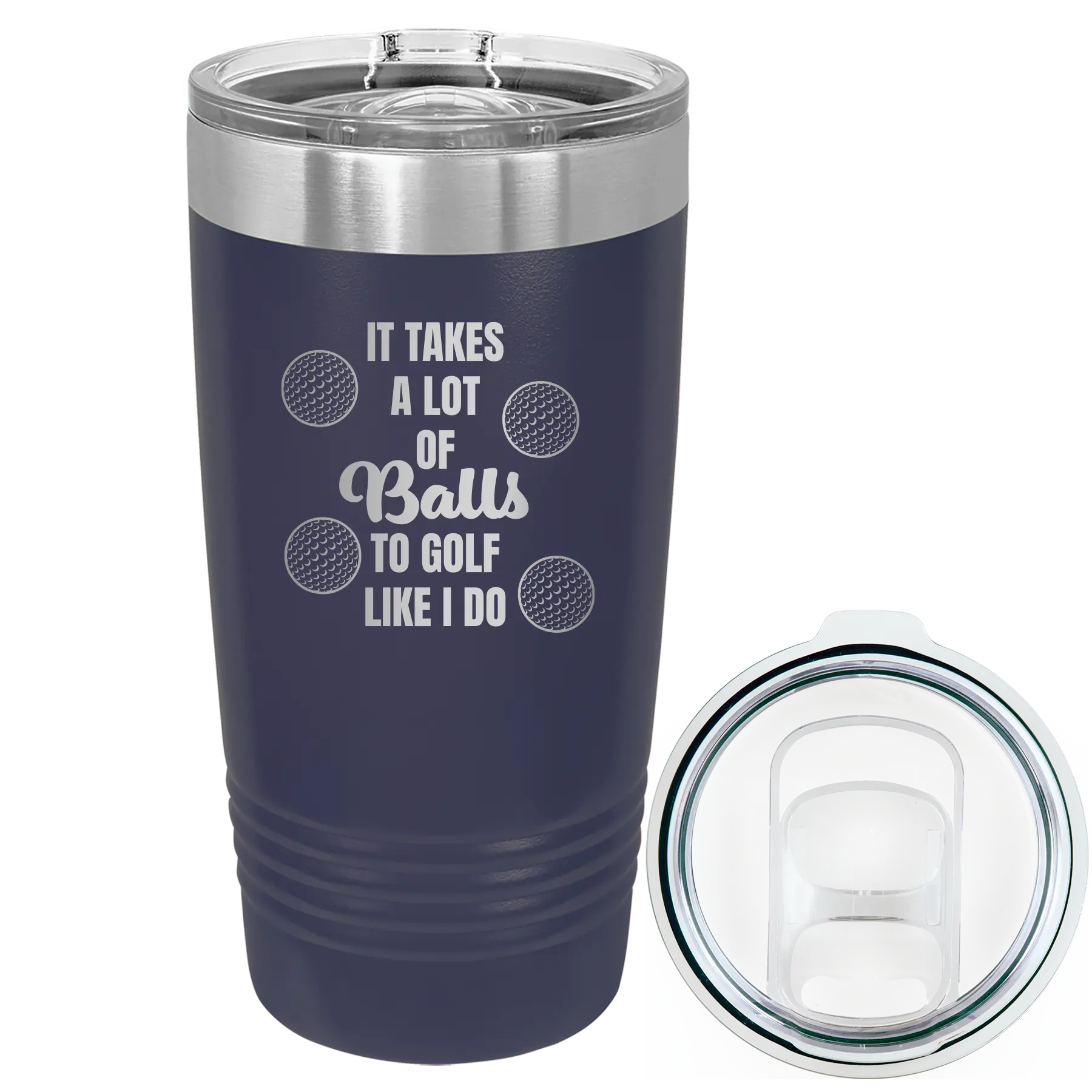 Laser etched navy 20 oz vacuum insulated tumbler with 'Lots of Balls' design