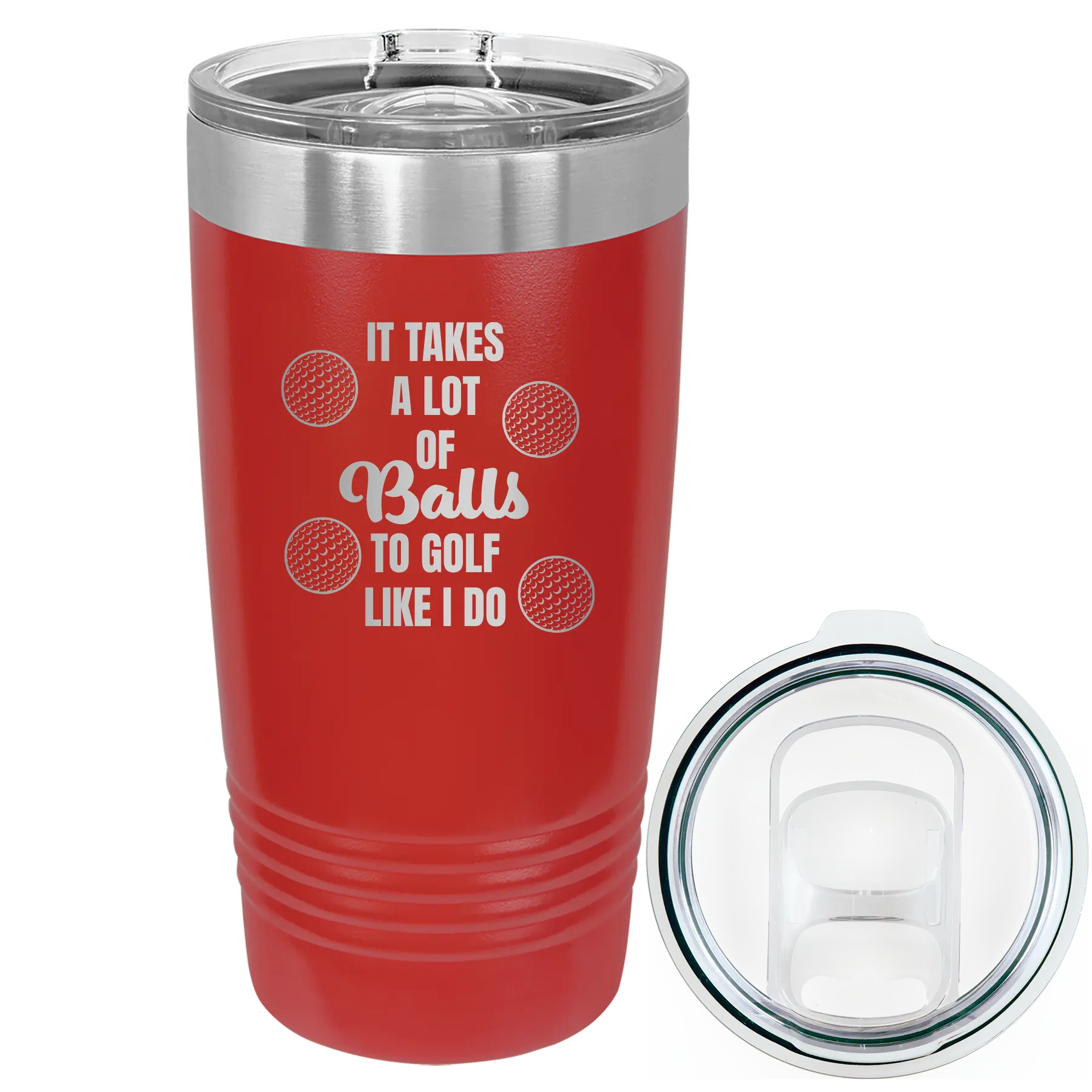 Laser etched red 20 oz vacuum insulated tumbler with 'Lots of Balls' design