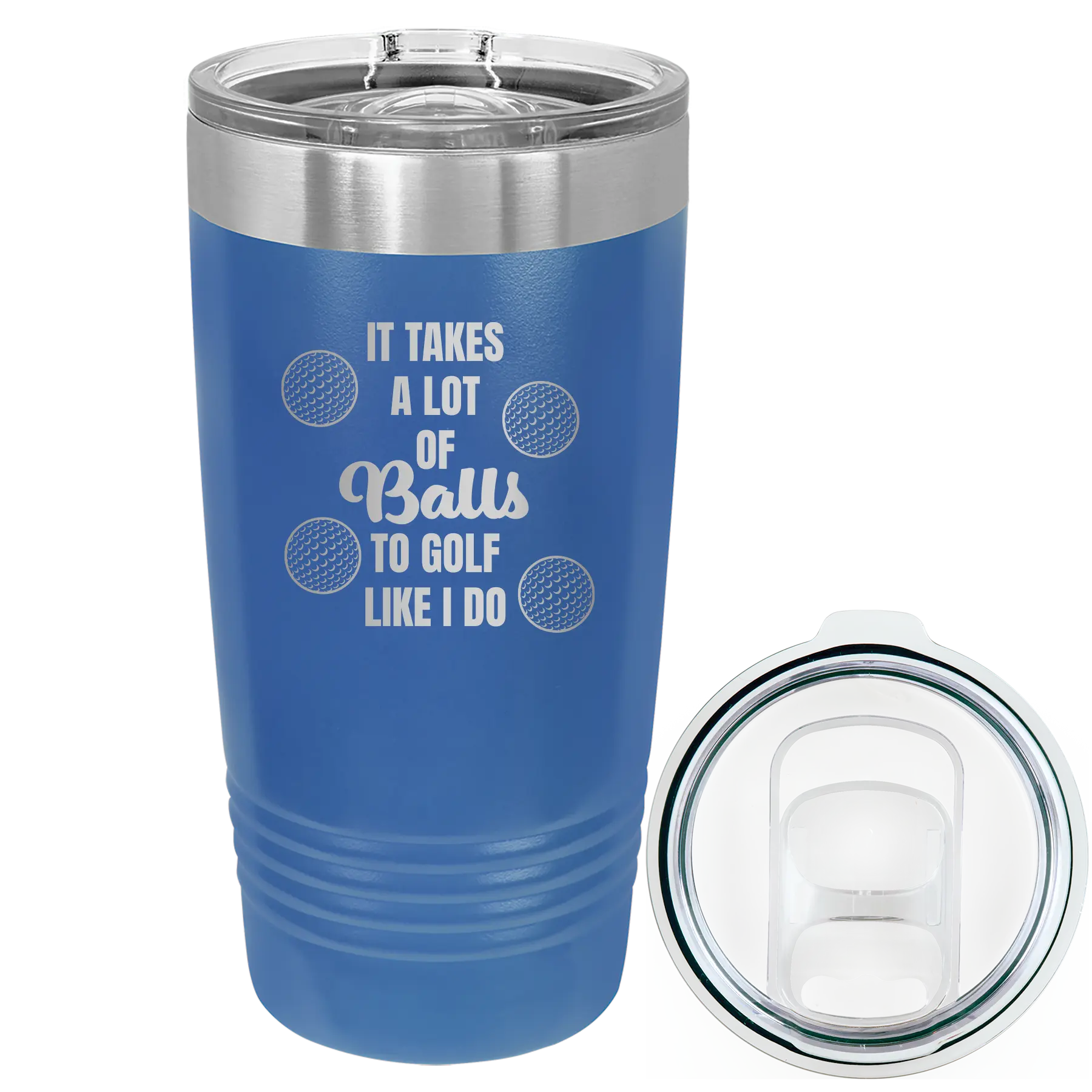 Laser etched royal blue 20 oz vacuum insulated tumbler with 'Lots of Balls' design