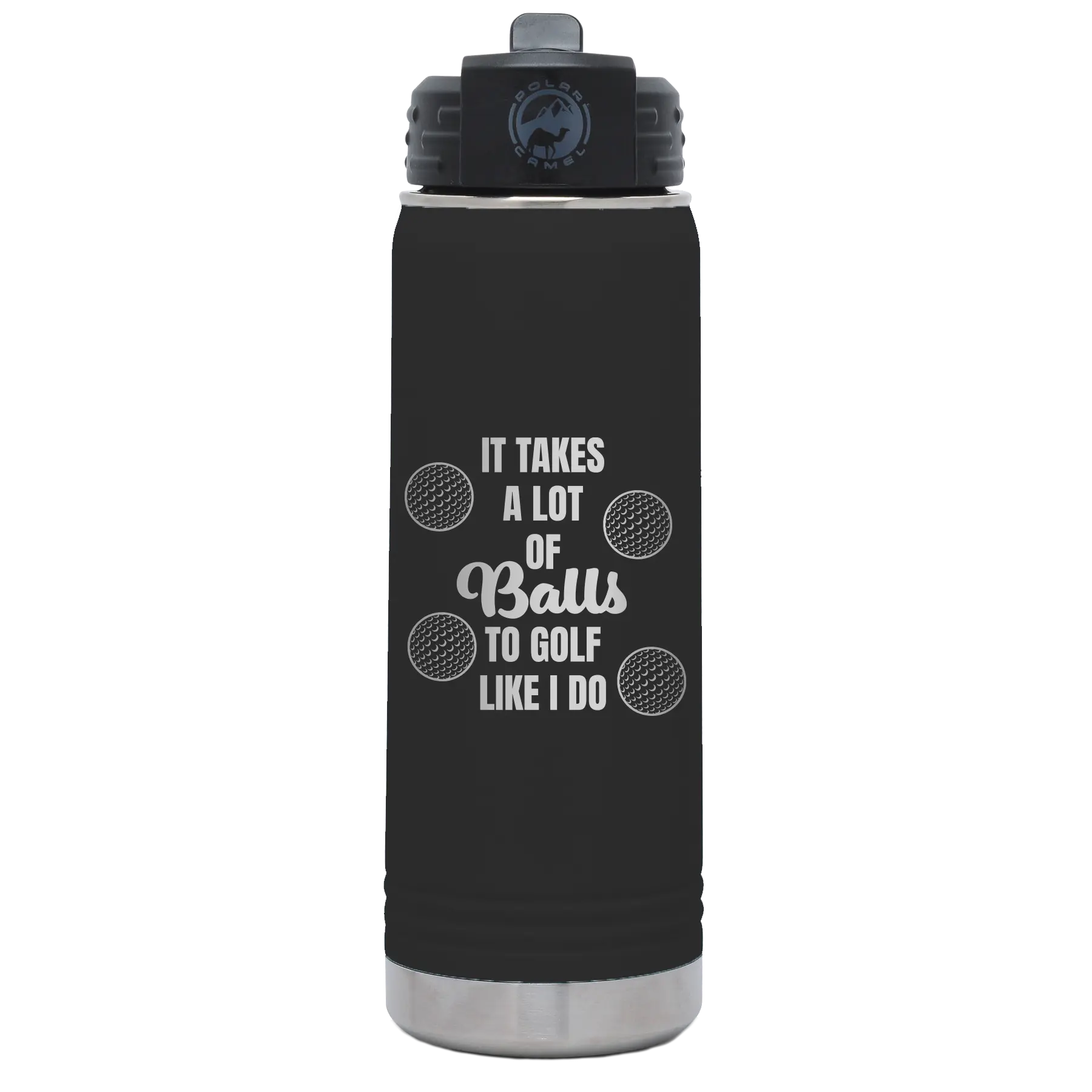 Laser etched black 20 oz vacuum insulated water bottle with 'Lots of Balls' design
