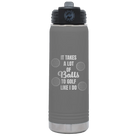 Laser etched dark gray 20 oz vacuum insulated water bottle with 'Lots of Balls' design